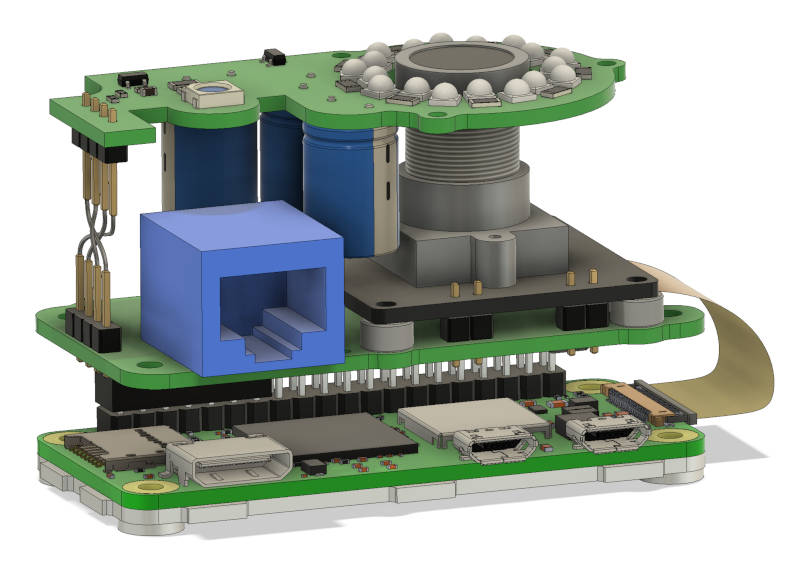 Internals of the camera with 3 PCBs stacked ontop of each other, CAD render