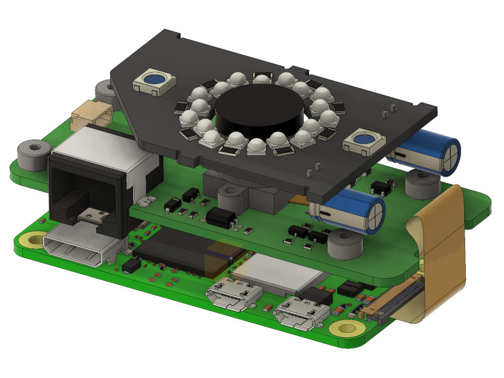 Internals of the camera with 3 PCBs stacked ontop of each other, CAD render