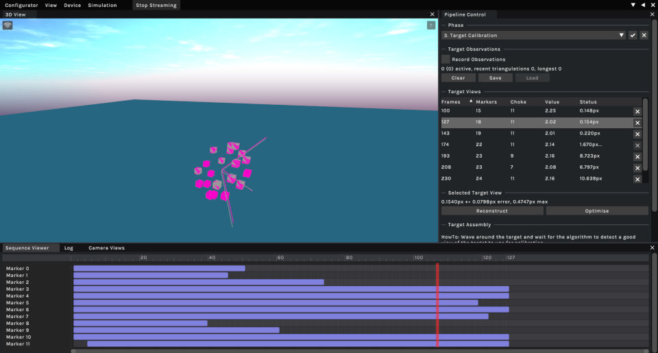Configurator Developer UI in simulation mode showing multiple calibrated target views. One is selected and previewed in the 3D view, showing calibrated markers matching the ground truth