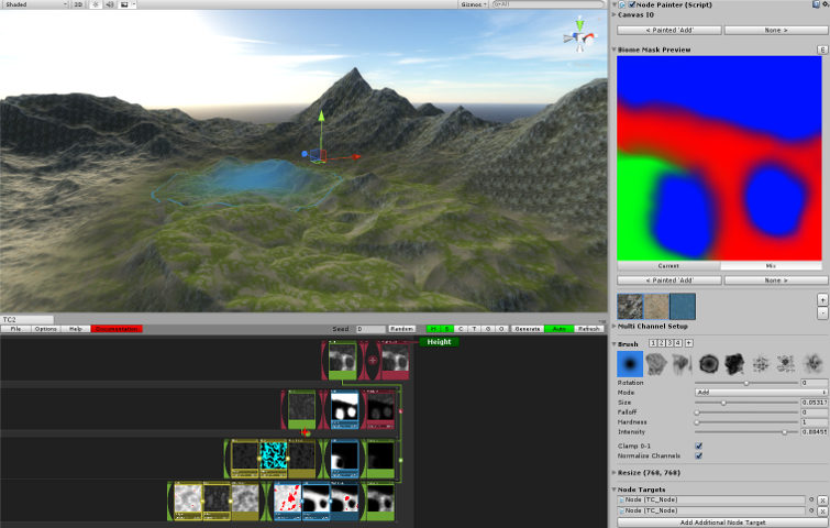 Small biome painting setup with Mountain, Desert and Grass Biomes, assigning the canvas to both height and splat masks