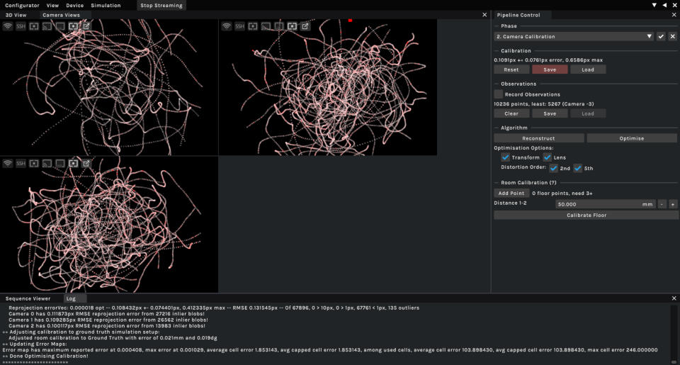 Configurator UI in simulation mode with three camera views, each showing all samples of a recorded marker, with camera calibration UI showing a calibrated system